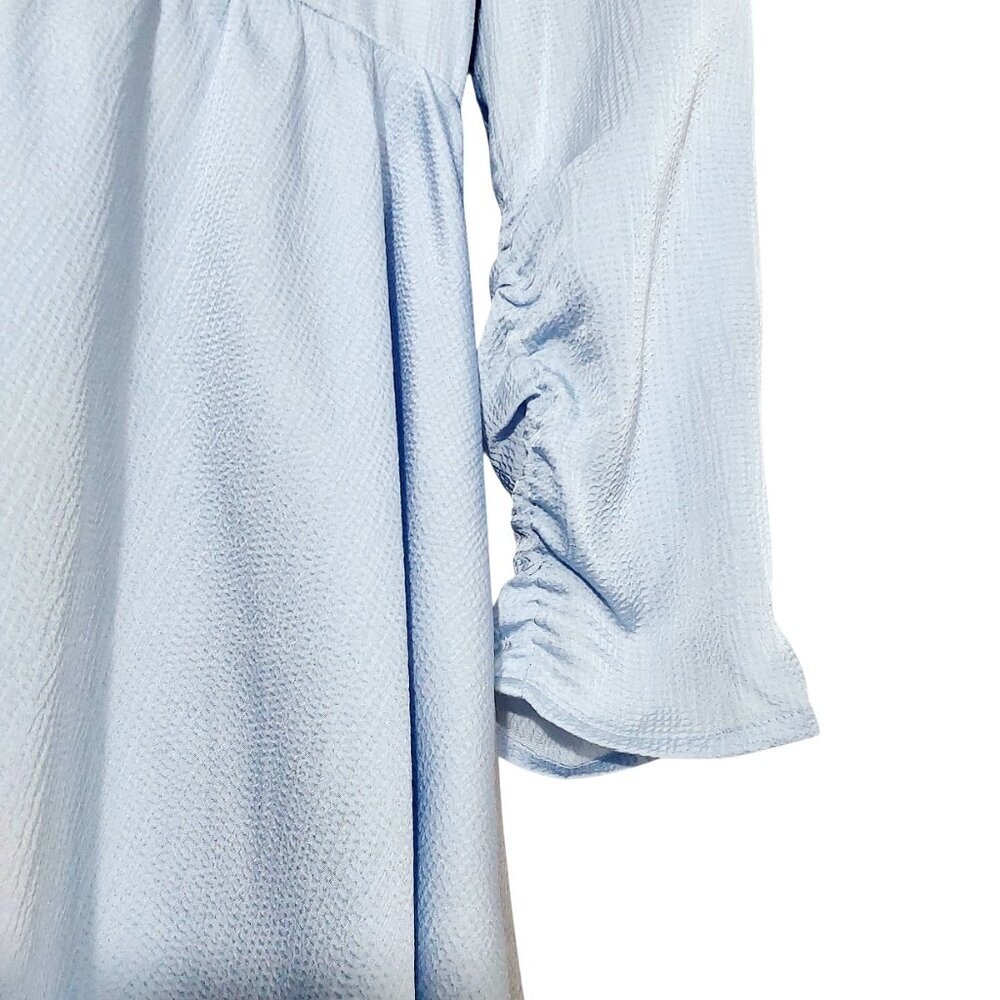 NWT Maje Revolver Hammered Crepe Baby Blue Ruched Sleeve Mini Dress - 42 (10) - Picture 8 of 16
